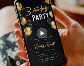 Digital Party Birthday Invitation - Gold and Black Balloons Mobile Invite - Animated Self-Edit Template - All Text Editable