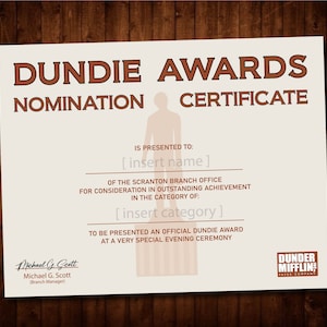 Dundie Award Certificate  - INSTANT DOWNLOAD - The Office Themed Birthday Party Decorations - Printable PDF Dundie Award Certificate