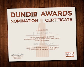 Dundie Award Certificate  - INSTANT DOWNLOAD - The Office Themed Birthday Party Decorations - Printable PDF Dundie Award Certificate