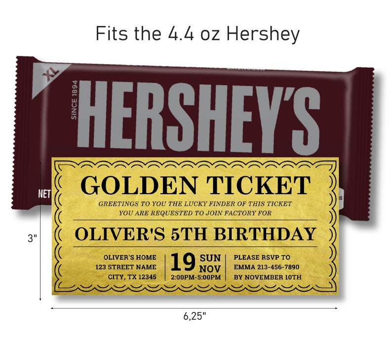 Faire-part billet doré modèle imprimable faire-part d'anniversaire Willy Wonka emballage de bar Wonka inclus convient à Hershey XL 4,4 oz image 2
