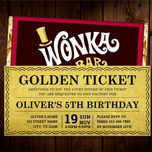 Faire-part billet doré modèle imprimable faire-part d'anniversaire Willy Wonka emballage de bar Wonka inclus convient à Hershey XL 4,4 oz image 1