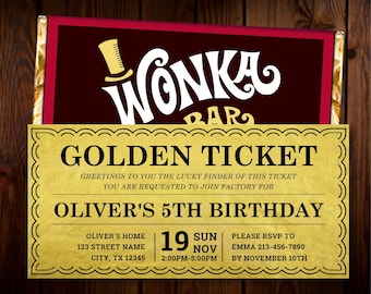 Faire-part billet doré - modèle imprimable - faire-part d'anniversaire Willy Wonka - emballage de bar Wonka inclus - convient à Hershey XL 4,4 oz