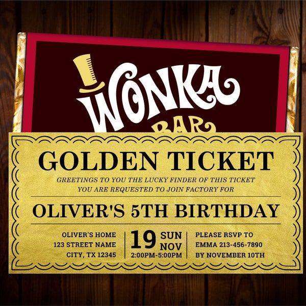 Faire-part billet doré - modèle imprimable - faire-part d'anniversaire Willy Wonka - emballage de bar Wonka inclus - convient à Hershey XL 4,4 oz