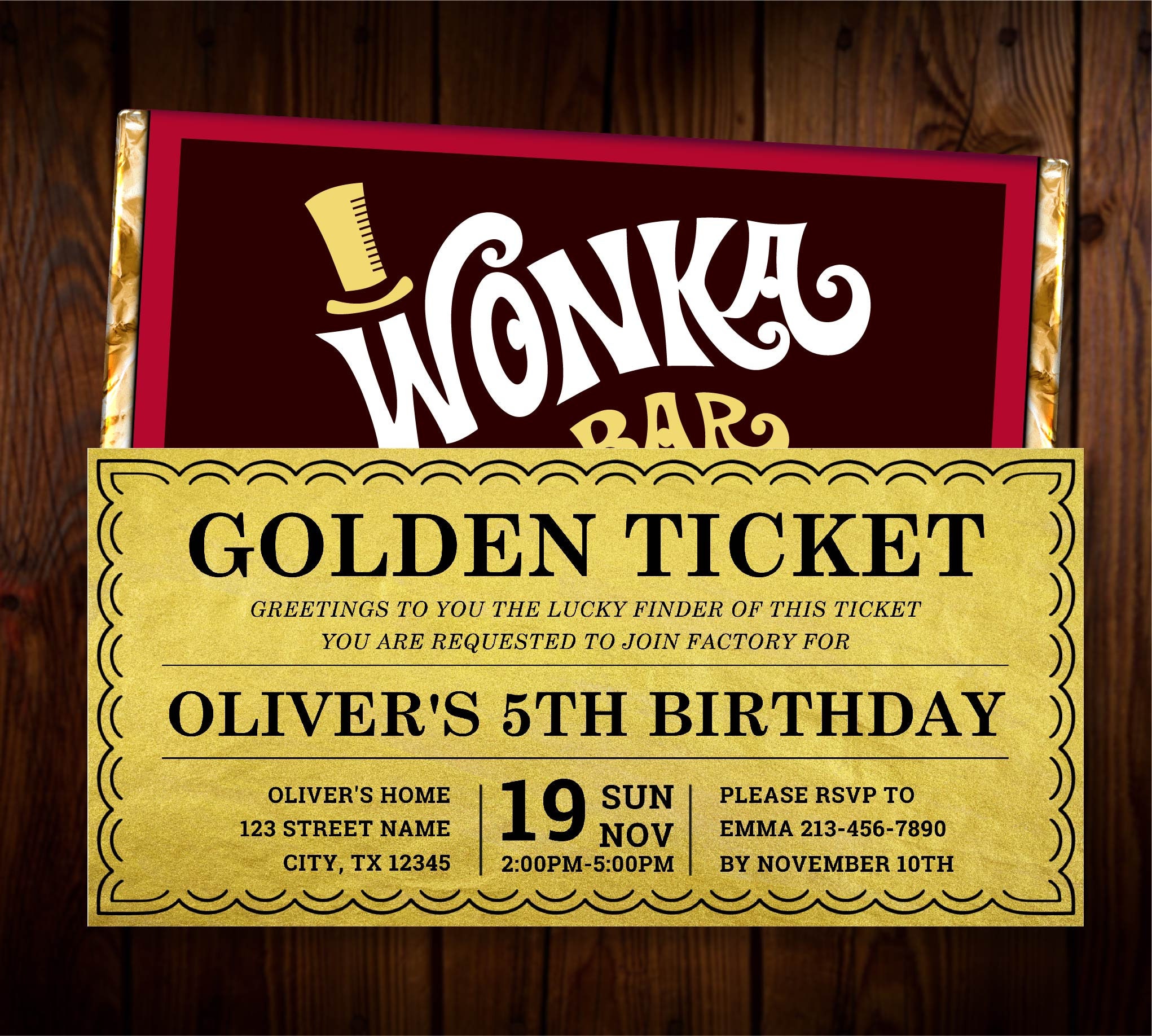 Golden Ticket Invitation Printable Template Willy Wonka Etsy