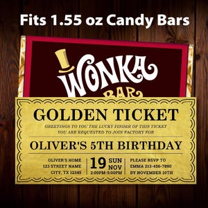 May include: Gold and brown printable golden ticket invitation for a 5th birthday party. The ticket says "Wonka Bar" and "Golden Ticket". It includes the text "Greetings to you the lucky finder of this ticket. You are requested to join factory for Oliver's 5th Birthday". The ticket also includes the date and time of the party, the address, and RSVP information.