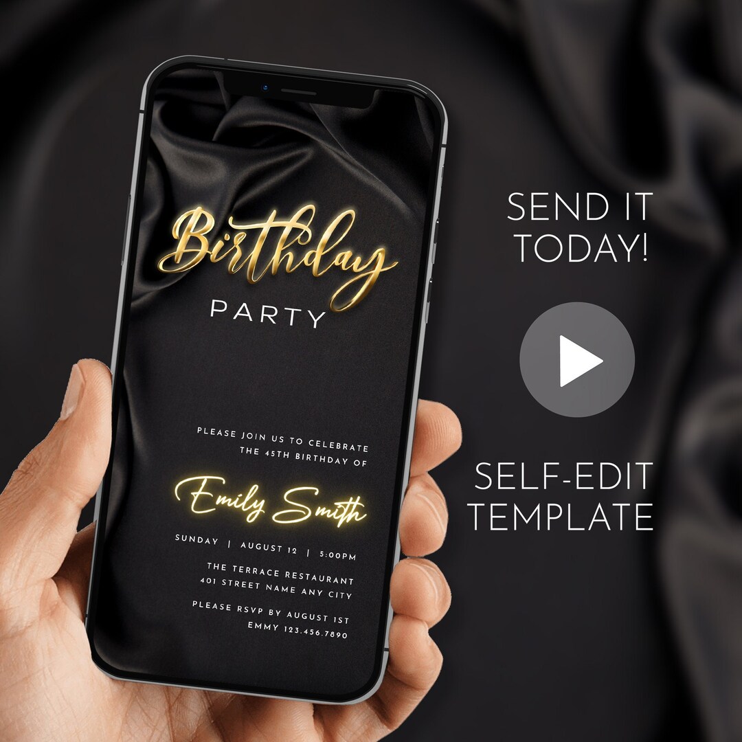 Digital Black & Gold Birthday Party Invitation - Luxury Mobile Invite ...