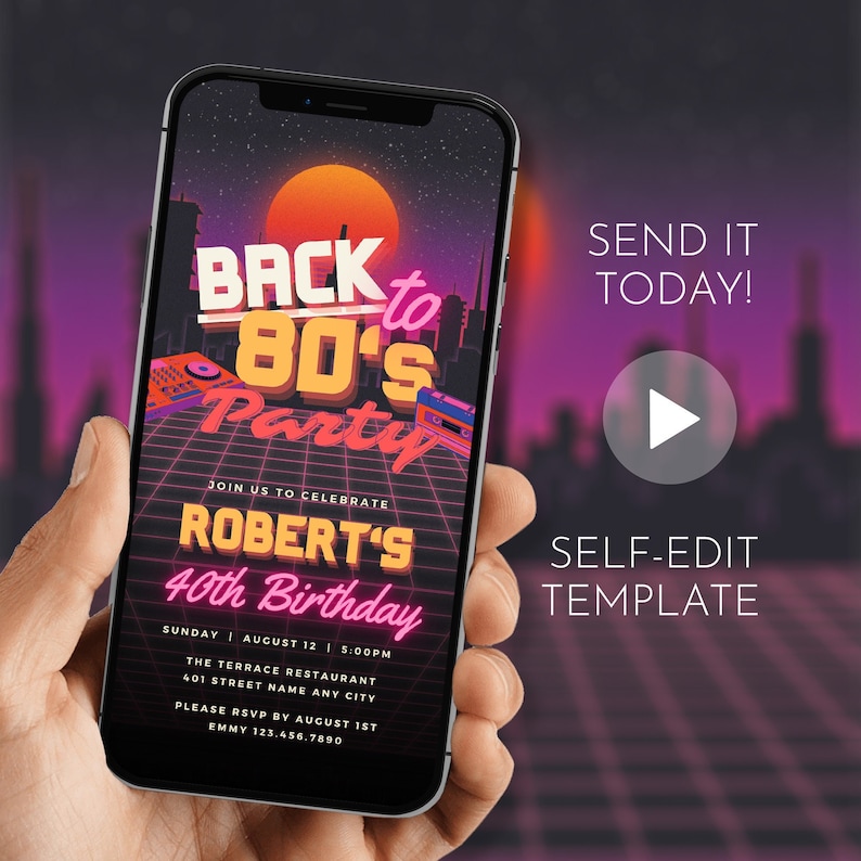 Digital Back to 80's Party Invitation Retro Birthday Mobile Invite