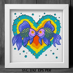 Kissing Fish Heart SVG Shadow Box sjabloon tropische liefde kunst meerlagig gesneden bestand voor Cricut Laser Cute Ocean Valentine Home Decor