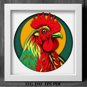 Modelo de caixa de sombra SVG de galo, animais de fazenda multicamadas, arquivos cortados a laser, arte de parede de galinha, decoração de celeiro rústico, PDF DXF Cricut Silhouette