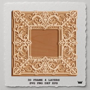 Marco cuadrado ornamentado SVG, decoración de pared cortada a láser, plantilla de espejo barroco en capas 3D, diseño decorativo DXF EPS PNG Cricut Glowforge