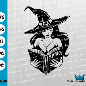 sorcière coupe cricut, sorcière avec livre svg, sorcière SVG, Halloween SVG, SVG gothique, belle sorcière Cricut coupe fichier, png, dxf, téléchargement numérique t-shirt
