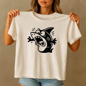 Tiburón asustado SVG, PNG y DXF, tiburón de dibujos animados divertidos para camisetas, sublimación, pegatinas, archivos de corte láser, diseño de pósteres, archivos de corte con plotter