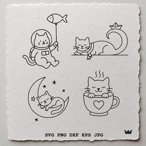 Süße Katze SVG Bundle Astronaut Kitty Mond Tasse Schlafende Katze Clipart Minimalistische Linie Kunst PNG DXF Cricut Cut Dateien Boho Haustier Sticker Plotter
