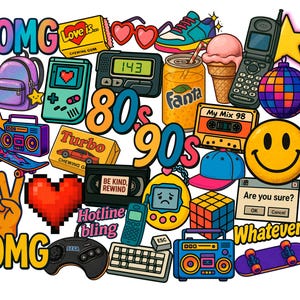 Retro 80er 90er Jahre Sticker Pack PNG - Nostalgische Clipart Bundle für Sublimation, Scrapbooking, DIY, Journaling, Print on Demand, 34 Set
