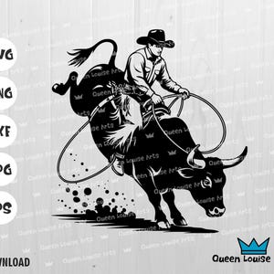 Jinete de toro retro, vaquero, SVG, clipart de rodeo, vector del salvaje oeste, arte de lazo occidental, vaquero campestre, PNG, DXF, archivo de corte, corte Cricut, decoración de rodeo