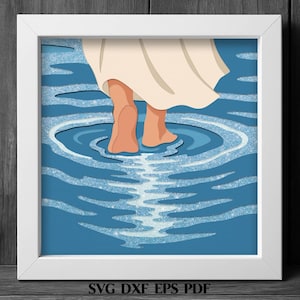 Jesus SVG Schatten Box Vorlage, Jesus geht auf dem Wasser SVG, Christian Cut File, Bibel Vers Dekor, religiöse Schichtpapierkunst, Glaube Wandkunst