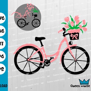 Verjaardag fiets, roze fiets met bloemen Svg Png Dxf Eps briefkaart decor T shirt Design Instant download Cricut Cut bestand Vinyl overdracht clipart