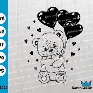 Happy Valentine Bear hart ballonnen SVG, Cricut gesneden bestanden silhouet Teddybeer stencil overzicht schattige teddybeer PNG DXF, Instant Download