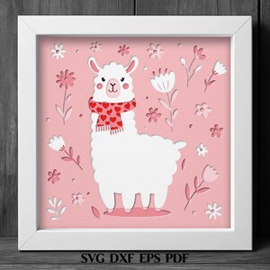 Lama Shadow Box SVG-sjabloon, Valentine Lama, schattige alpaca 3D gelaagde papiersnede, liefde dierlijke Cricut kunst, roze romantisch decor, pdf, png