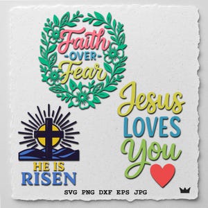 Bundle de cliparts chrétiens SVG Jésus vous aime Foi par-dessus la peur, il est ressuscité PNG fichiers numériques coupés citations de la Bible impression conception cricut coupe laser