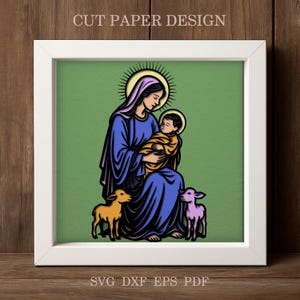Sainte Mère et enfant SVG multicouche papier découpé | Fichier découpé au laser pour crèche de la Vierge Marie pour décor de boîte d'ombre