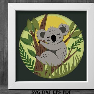 Koala Shadow Box SVG couches animaux papier découpé fichier jungle faune pépinière mur Art déco téléchargement numérique oeuvre d'art découpée en papier