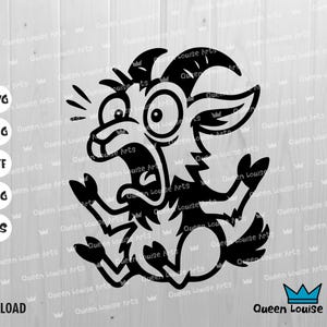 Capra spaventata svg png dxf, Divertente cartone animato capra da fattoria con faccia in preda al panico e corna, file plotter per t-shirt, tazza, adesivo, sublimazione, taglio laser
