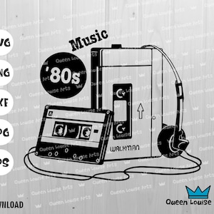 80er Jahre Walkman Kassettenspieler SVG, Retro Tape Kopfhörer PNG DXF, Vintage Musik Design für Cricut, T-Shirt, Becher, Wand Kunst Clipart