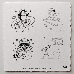Space Animal SVG Bundle Cute Astronaut Raccoon Penguin Rocket PNG Dog on Paper Plane DXF Bear Stars Telescope Cricut Clipart baby boy svg