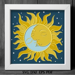 Modèle de boîte à ombres SVG baiser soleil lune pour découpe laser Cricut – Couple amour céleste style bohème art mural DXF PDF étoiles décoration de chambre romantique