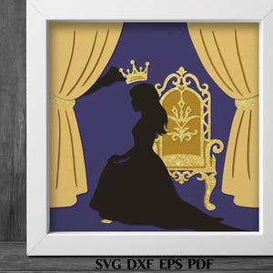 Prinses troon SVG schaduw vak sjabloon gelaagde papier knippen kroon meisje koninklijke silhouet DXF, prinses verjaardag Svg cadeau meisje babyshower