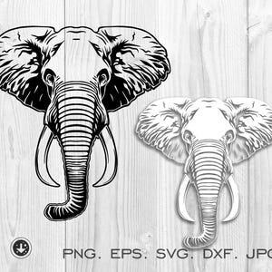 Cabeza de elefante SVG, elefante majestuoso PNG, clipart de animales salvajes DXF para Cricut, corte láser, camisetas, tazas y proyectos de arte mural