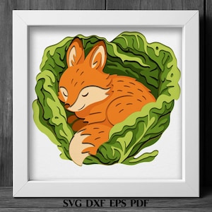 Renard dans la boîte de l'ombre du chou SVG, modèle de découpe de papier en couches animaux mignon, renard forestier 3D SVG, fichier découpé au laser, svg animal de la forêt Cricut Silhouette