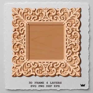 Marco barroco cuadrado SVG para decoración cortada con láser, plantilla de arte de pared ornamentado en 3D, elegante marco de espejo DXF PNG Eps para corte de papel Cricut Glowforge