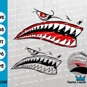Shark Svg, Dents de bouche Oeil de requin Png, Conception de dents de requin pour bateau SVG PNG EP DXf, découpe Cricut Cameo Silhouette de requin Fichiers vectoriels en couches