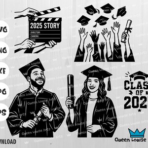 Clase de 2025 Svg Paquete de graduación Gorra negra Diploma de graduado Png Dxf Cricut Cut Clipart Senior Celebración universitaria Conjunto de vectores