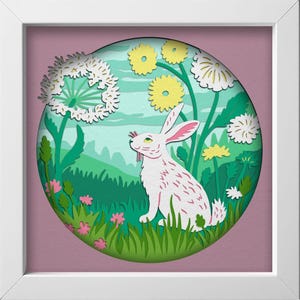 Lapin au printemps des prés SVG Shadow Box modèle Bunny pissenlit scène fichier de coupe multicouche pour Cricut PDF DXF numérique déco