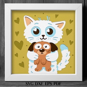 Niedliche Katze umarmt Hund SVG Schattenbox Vorlage, lustiges Haustier Papierschnitt SVG, 3D-Schichttierwandkunst, mehrschichtige Laserschnitt-DXF-Cricut-Datei