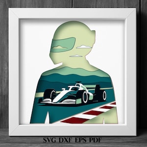 Formel Eins SVG Schatten Box Vorlage Racer Silhouette SVG-Schnittdatei für Cricut, Rennwagen-Wandkunst, F1-Fahrer Geschenkidee PDF Laser-Schnitt