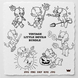 Little Devil SVG Bundle Summer Retro Clipart, Vintage Baby Demon Line Art na koszulki Kubki Naklejki, Styl tatuażu PNG DXF Halloween Cute art