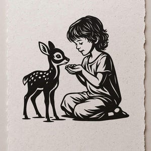 Jésus enfant nourrissant le cerf Svg de la forêt, la faune, l'art au trait Clipart Png Dxf Cricut Cut Animal mignon Nature dessin compassion impression