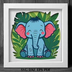 Modèle de boîte d'ombre de bébé éléphant SVG animaux de la jungle décoration de chambre d'enfant couches de papier découpé fichier multicouche 3D vectoriel Cricut PDF DXF