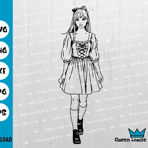 Meisje pop SVG, mooi meisje in jurk SVG, Lieve lieve kleine dame, Cricut Cut Files Silhouet Clipart Vector Digitale Dxf Png Eps kleuren