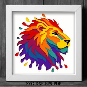 Archivo SVG de león en capas con caja de sombras para Cricut Glowforge Silhouette DIY, plantilla de corte de papel 3D con cabeza de león PNG DXF EPS PDF, arte vibrante de la jungla