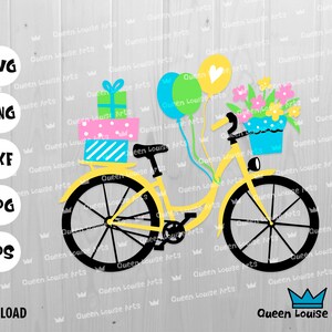 Bicicletta da compleanno, bicicletta gialla con regali, fiori e palloncini in formato SVG PNG DXF EPS, design per maglietta, download immediato, file di taglio Cricut, trasferimento vinile, clipart