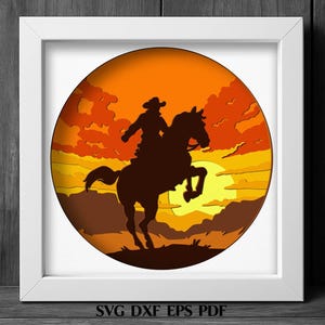 Archivo de corte en capas con escena del oeste de vaquero retro, caja de sombras SVG, atardecer, archivo de corte para láser Cricut, arte de pared del lejano oeste DXF, regalo rústico masculino SVG