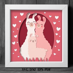 Lama familie SVG Shadow Box, gelaagde Valentijn gesneden bestand, schattige dieren liefde scène, lasergesneden sjabloon svg voor Cricut, PNG DXF Pdf Gift Art svg