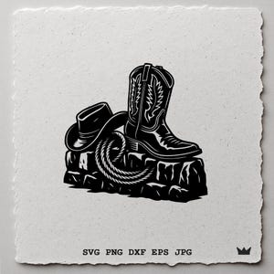 Botas de vaquero, sombrero, cuerda, SVG, PNG, DXF, retro, Western, clipart, rodeo, decoración campestre, camisa, taza, póster, plantilla de corte láser, archivo vectorial, arte de corte Cricut