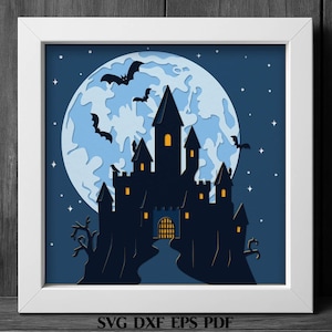 Plantilla SVG de caja de sombra de castillo embrujado, escena de Halloween a la luz de la luna en 3D SVG en capas, arte de pared espeluznante, archivos de corte de silueta de Cricut, corte de papel SVG