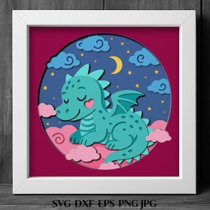 Modello SVG Shadow Box di drago, file di carta 3D multistrato con taglio a drago, decorazione murale di un cucciolo di drago, decorazione fantasy per la cameretta dei bambini, DXF con taglio laser Cricut